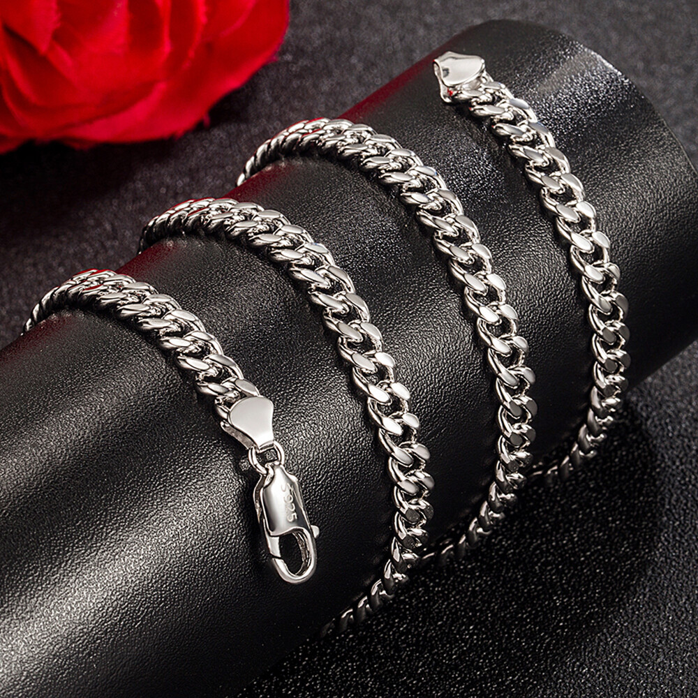 Solid 925 Sterling Silver Men’s Curb Chain Cuban Link Chain Necklace 5mm 18″-30″