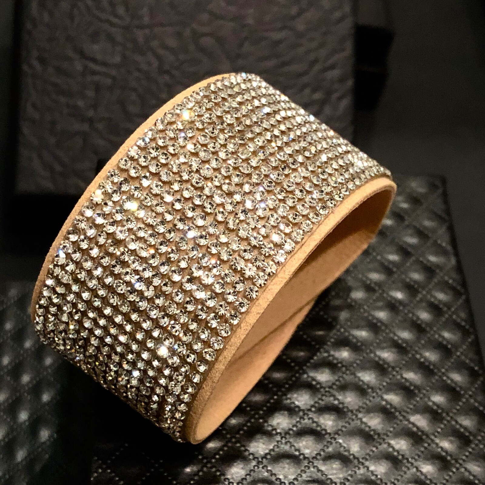 Swarovski Elements Crystal Wrap Bracelet Tan Alcantara Leather Wide Bling Cuff