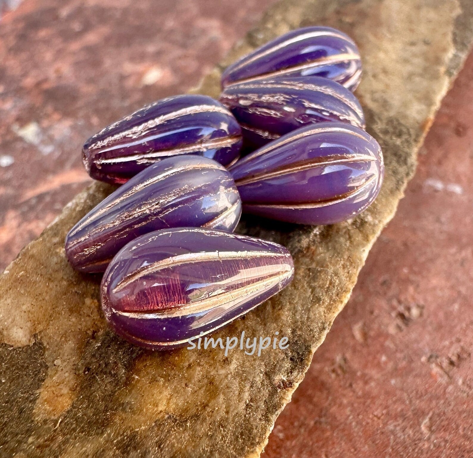 Lilac Copper Wash Dangle Drop 6 Czech Teardrop Glass Beads Bohemian