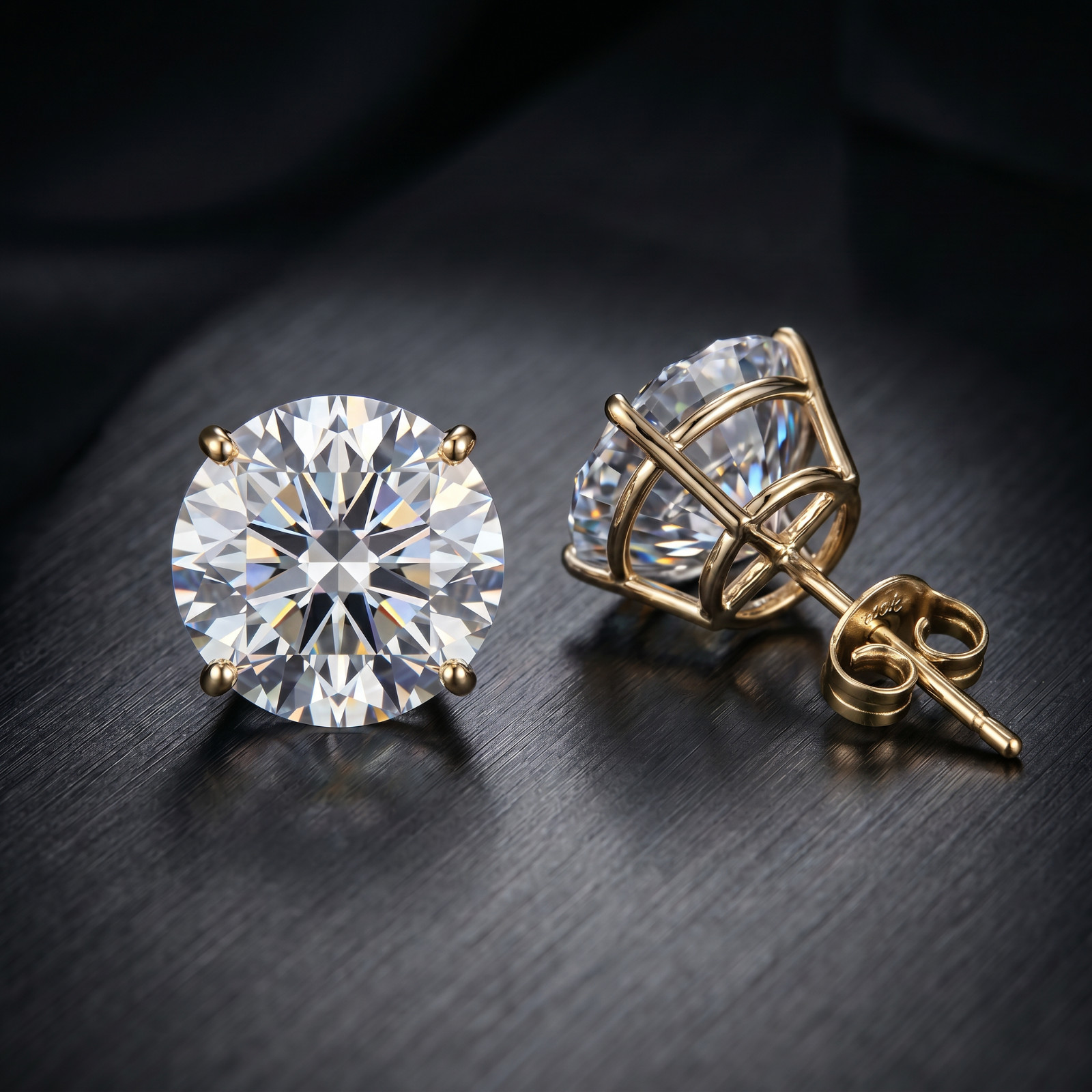 14K Solid Gold Round Solitaire Cut Cubic Zirconia Basket Push Back Stud Earrings