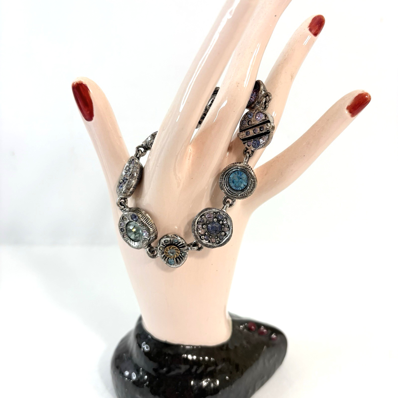 Patricia Locke Bracelet Silver Plate Swarovski Crystals Toggle 7.5″ Signed