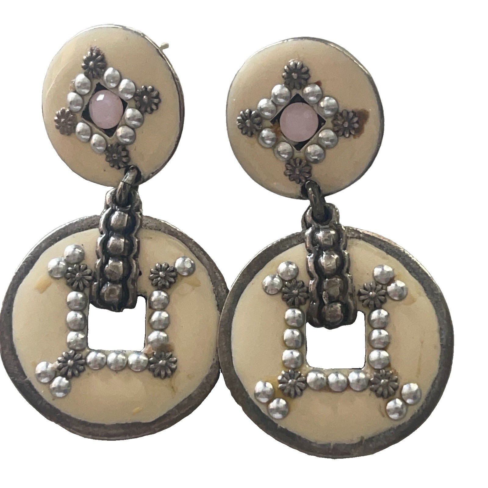 GAS Bijoux Beige Enamel Open circle Dangle Earrings sequins studs Peirced