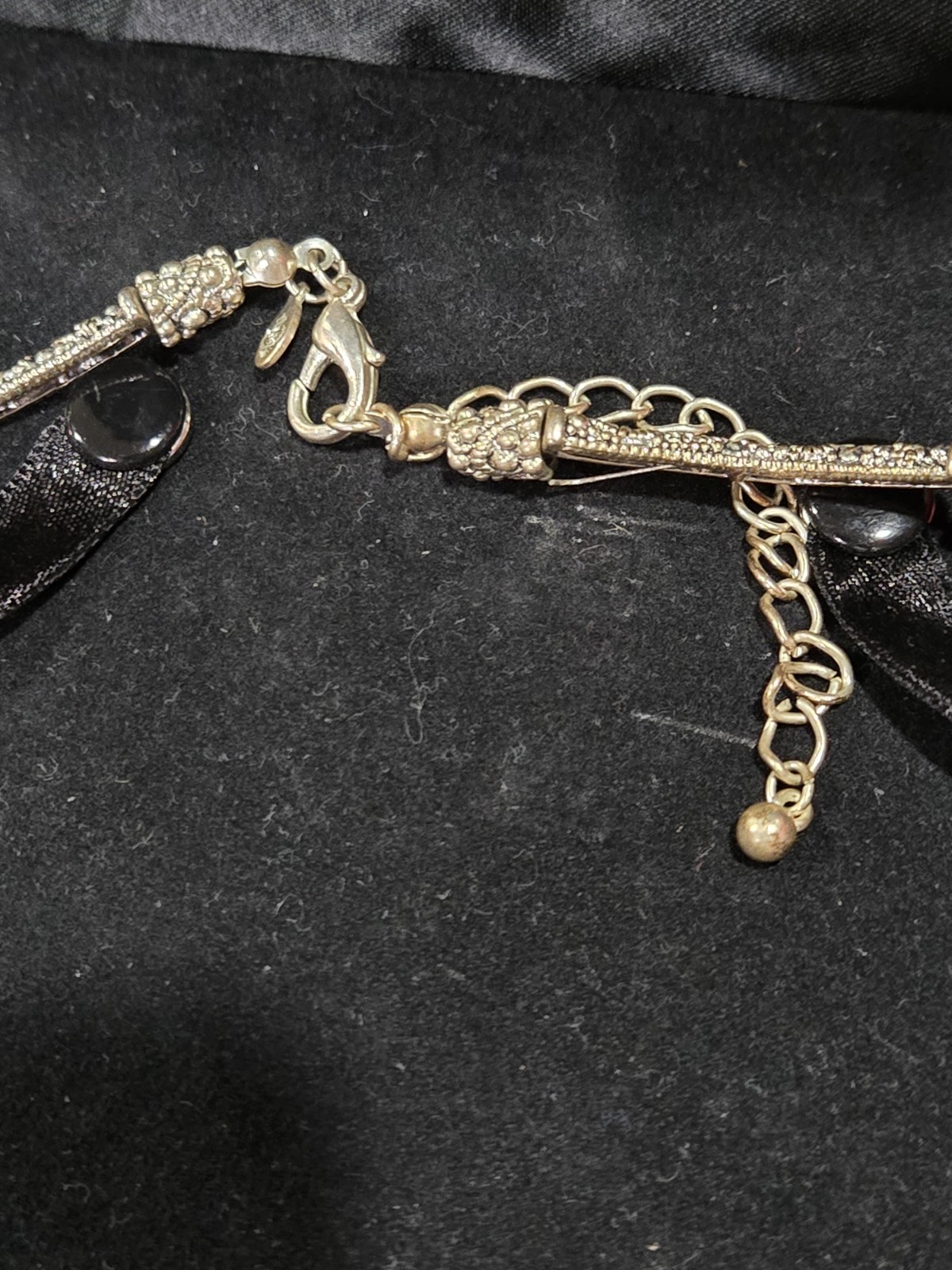 Chico’s Antique Silver Tone Marcasite Rhinestone Collar Choker Necklace Ribbon