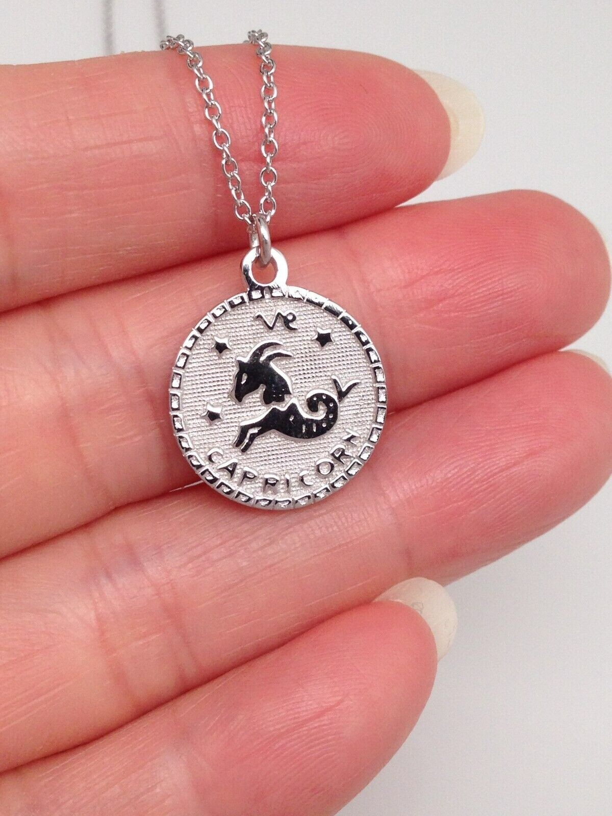 925 Sterling Silver Round Zodiac Capricorn Pendant Necklace Women 15mm 16-18″