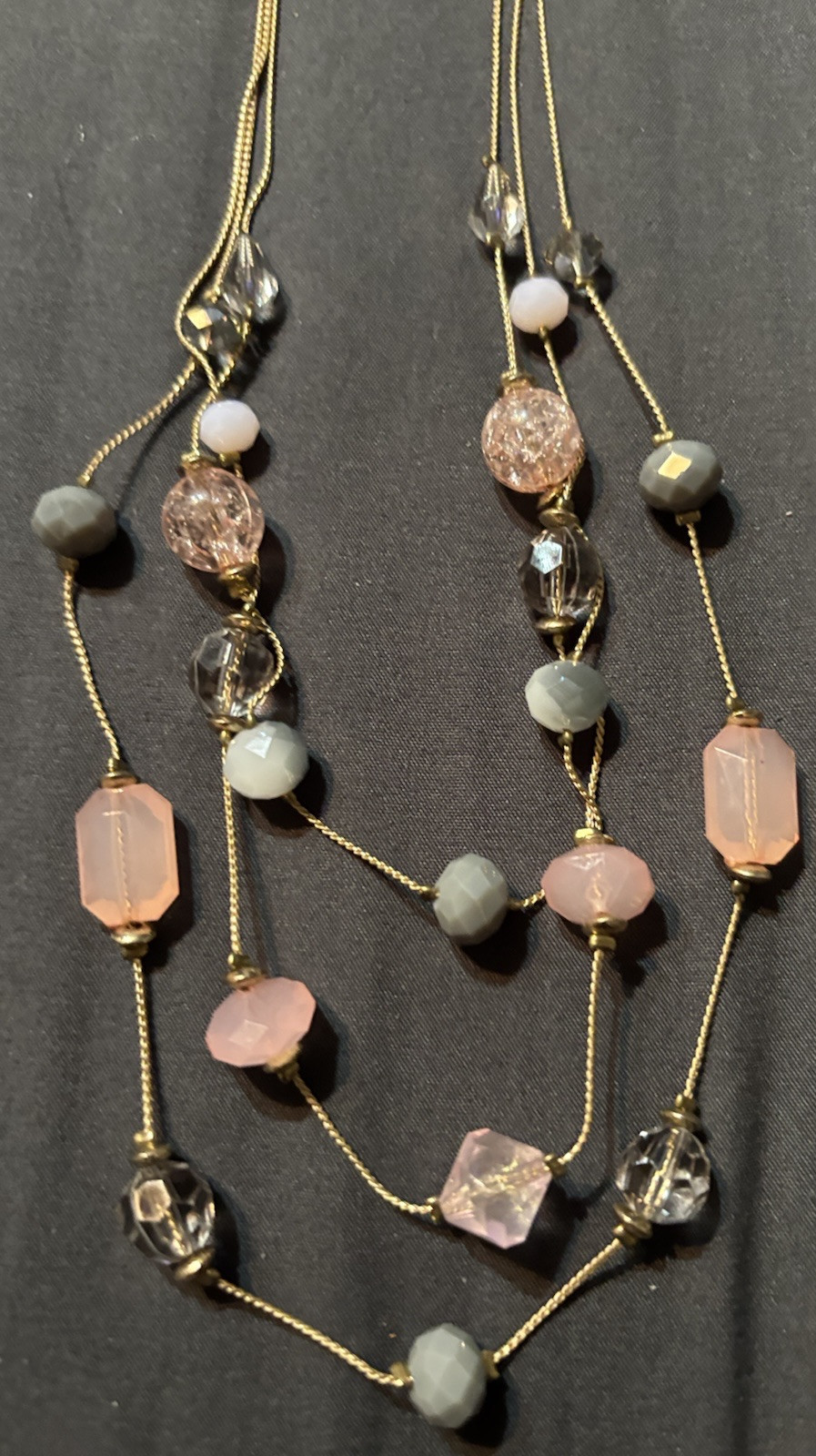 NY Rose Gold Pink Acrylic Triple Strand String Beaded Chain Necklace