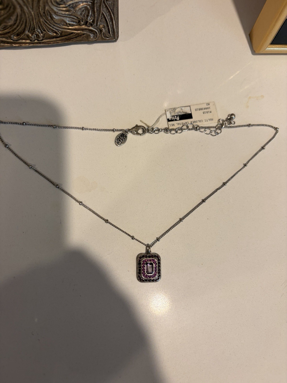 Baked Beads Silver Necklace With Purple Pink Stones NWT