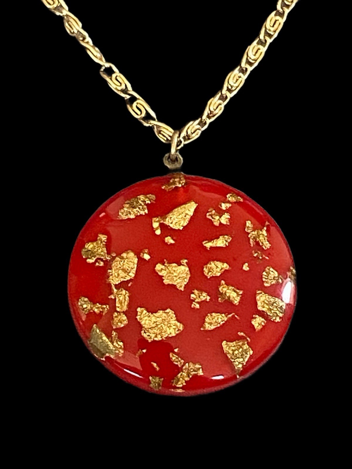 Vintage West Germany Red Resin & Gold Foil Pendant Necklace & Earrings Set~1950s