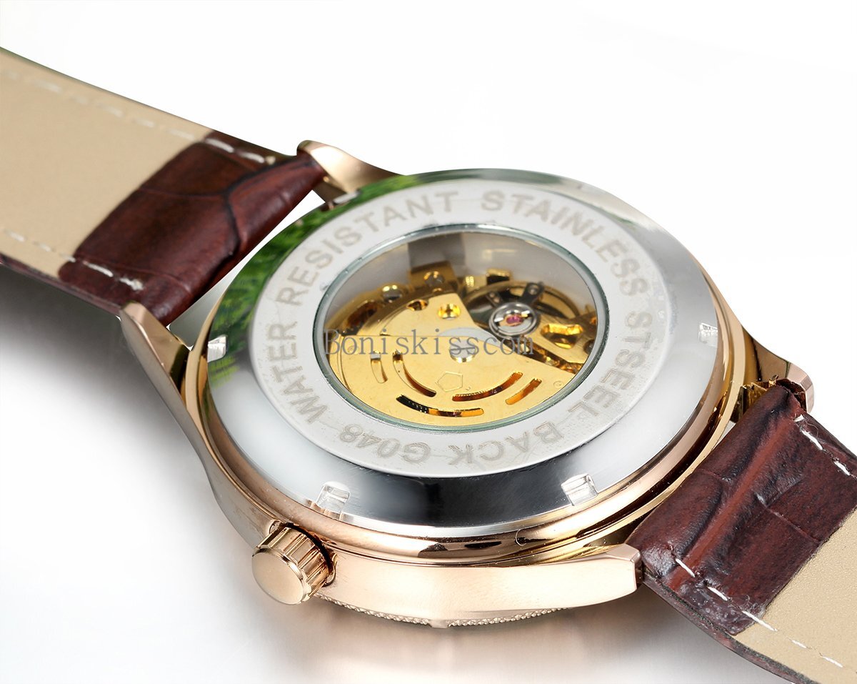 Mens Luxury Gold Tone Skeleton Dial Mechanical Watch Business Leather Wristwatch