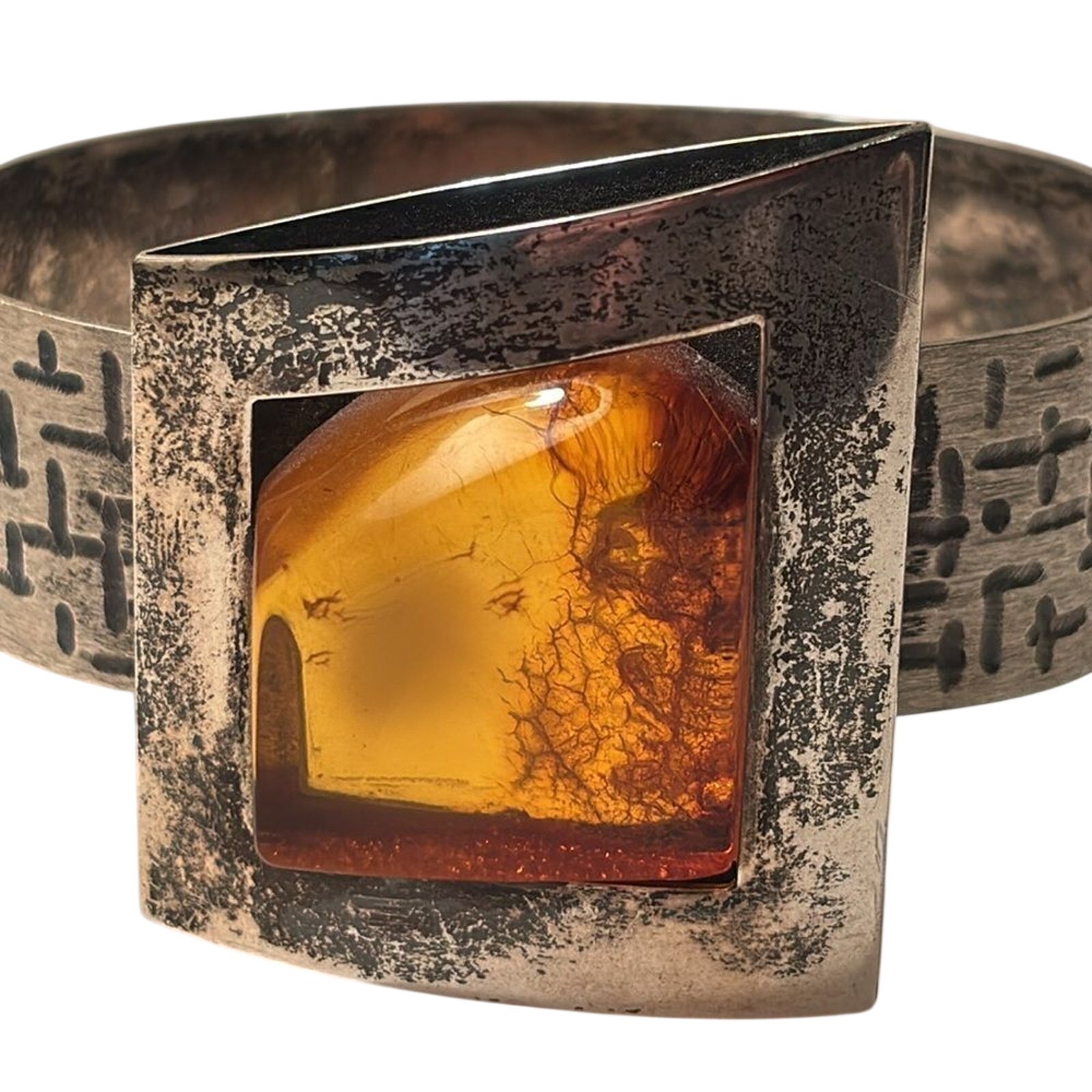 Vintage Sterling Silver Baltic Amber Brutalist Hinged Cuff Bracelet