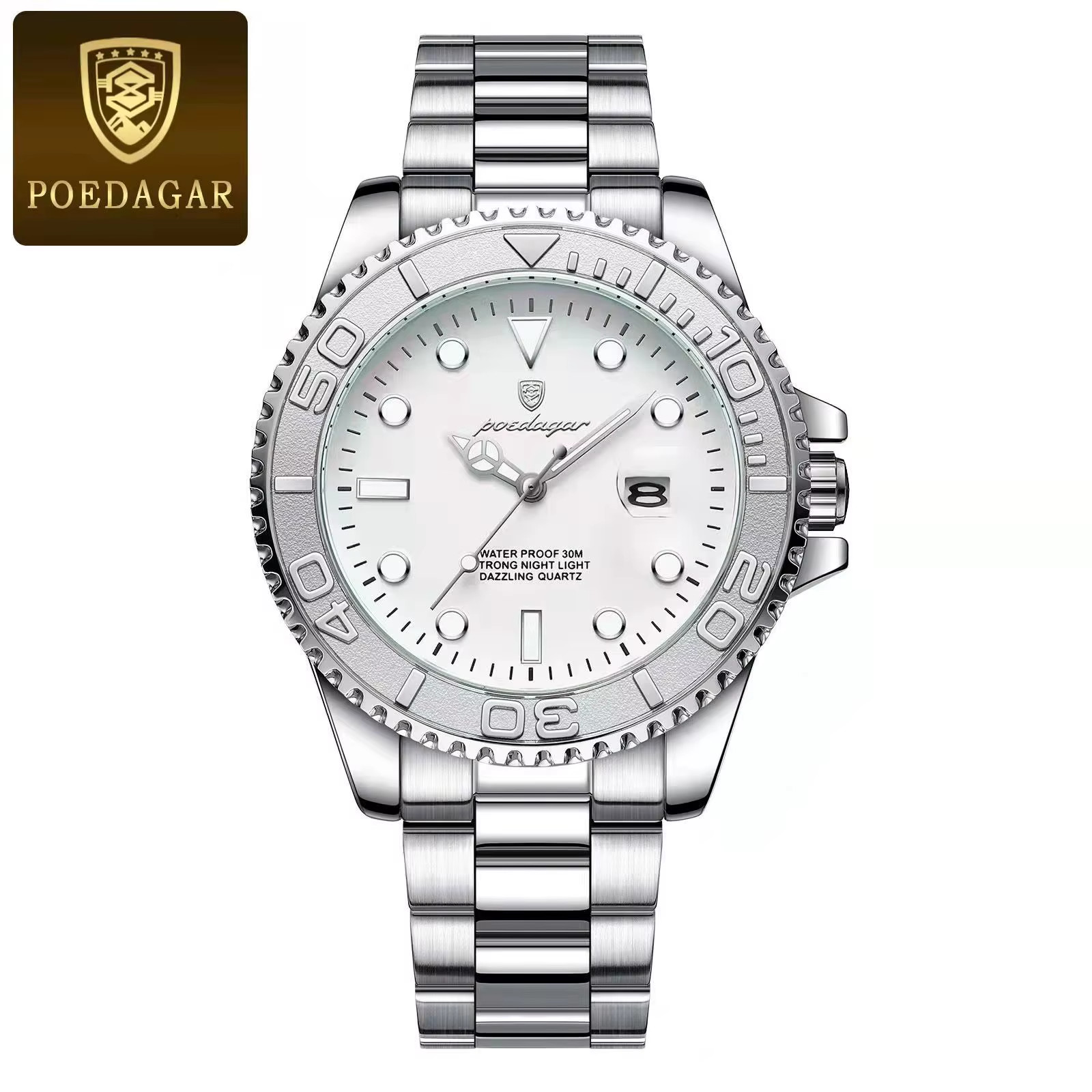 POEDAGAR Men’s Dive Style Quartz Watch Luminous Date Stainless Steel 43mm 3ATM