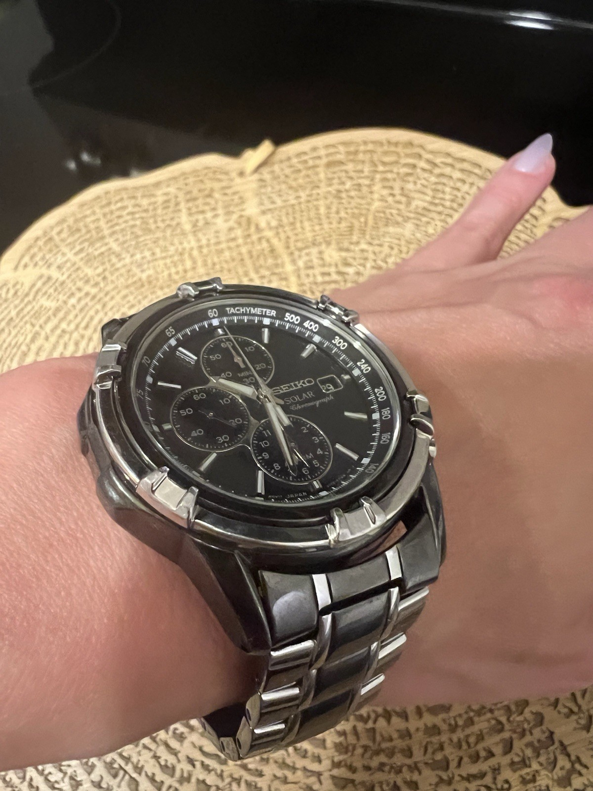Seiko Solar Chronograph Watch Black Dial Date Alarm SSC143 New In Box