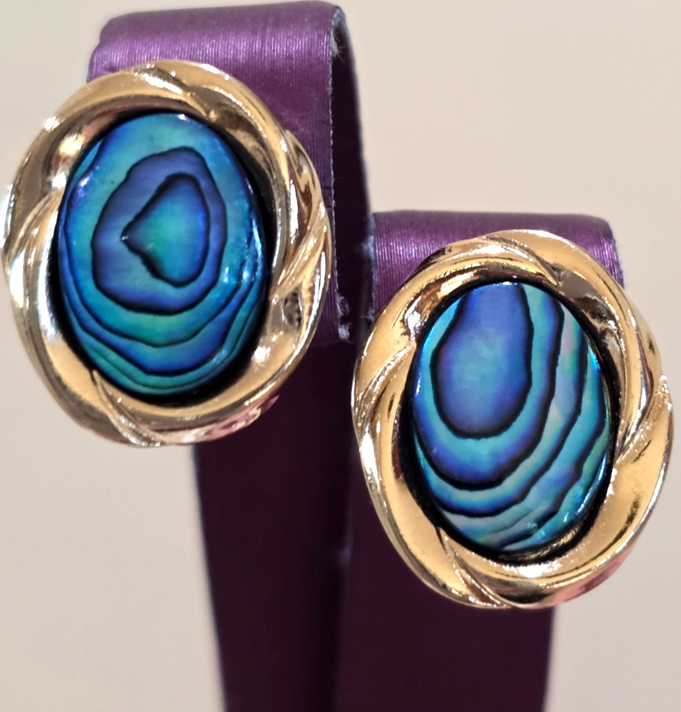Blue Gold ARIKI PAUA Genuine Shell Palladium Plated Oval CLIP Earrings