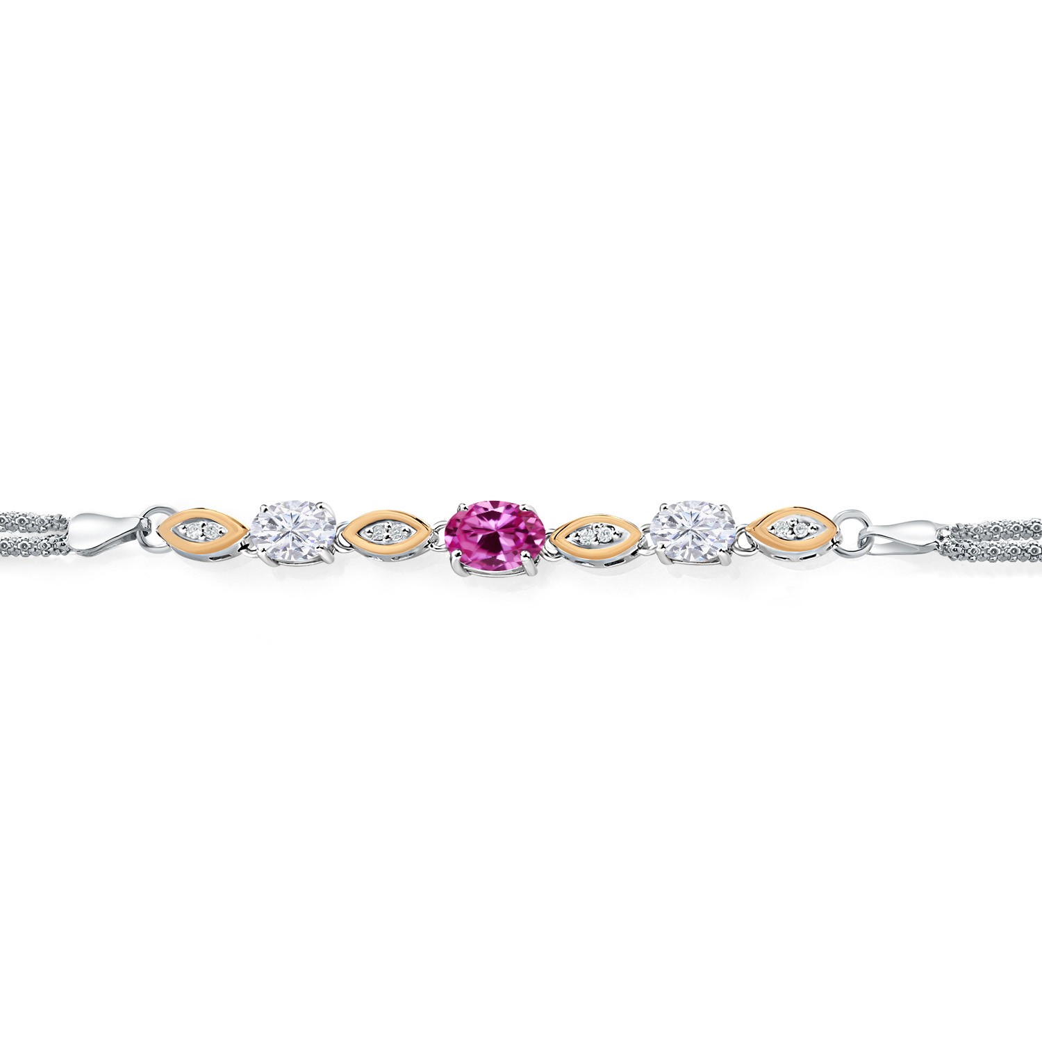 925 Silver and 10K Yellow Gold Pink Created Sapphire and White Moissanite and