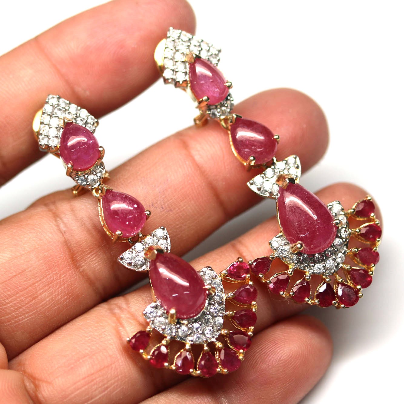 Handmade 925 Sterling Silver Red Ruby Zircon Jewelry Earrings 18K Gold Plated