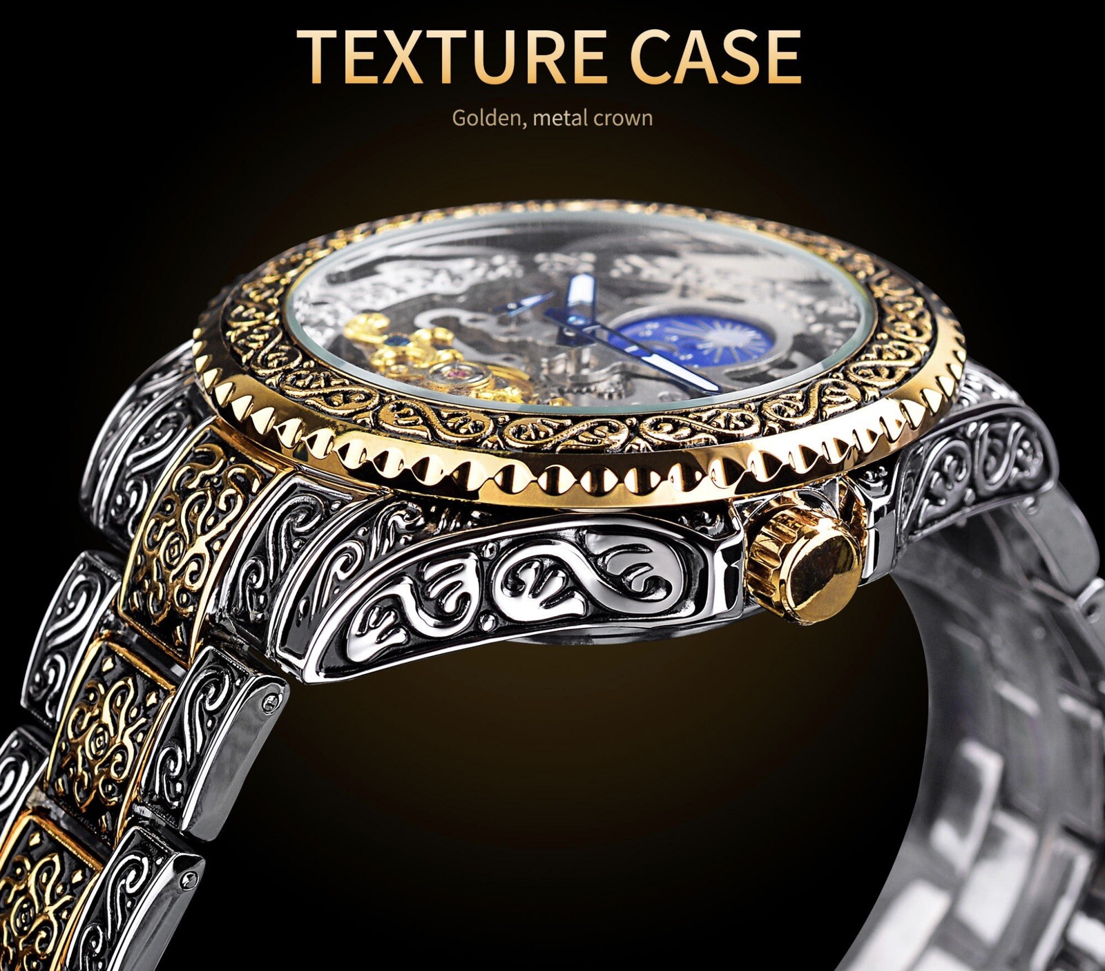 Forsining Skeleton Carved Tourbillon Mechanical Moon Dial Mens Watch waterproof