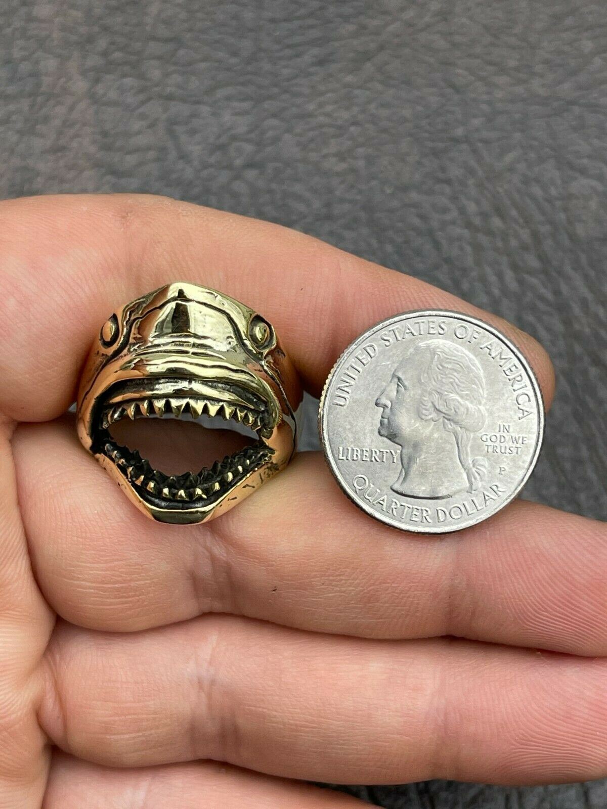 Real 14k Gold Plated 925 Sterling Silver Mens Great White Shark Teeth JAWS Ring