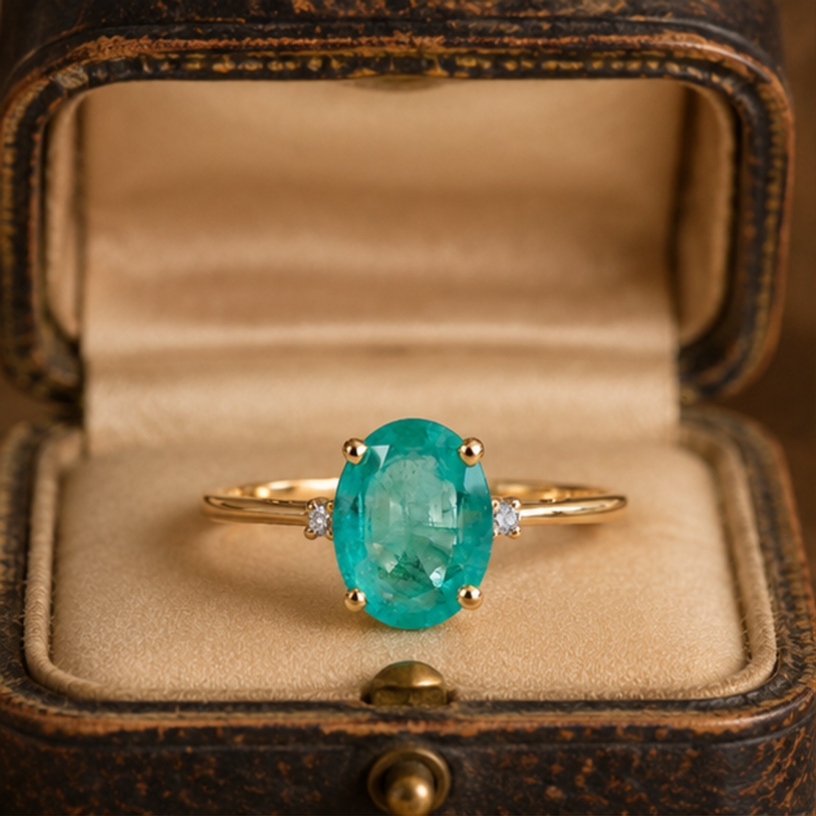 Oval Mint Green Emerald Ring Diamond Side Accent 14k Yellow Gold Over Silver Fin