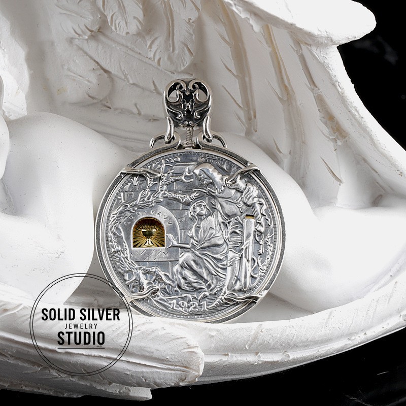 Solid S925 Sterling Silver Mechanical Hobo Coin Pendant Sword Holy Grail 40g