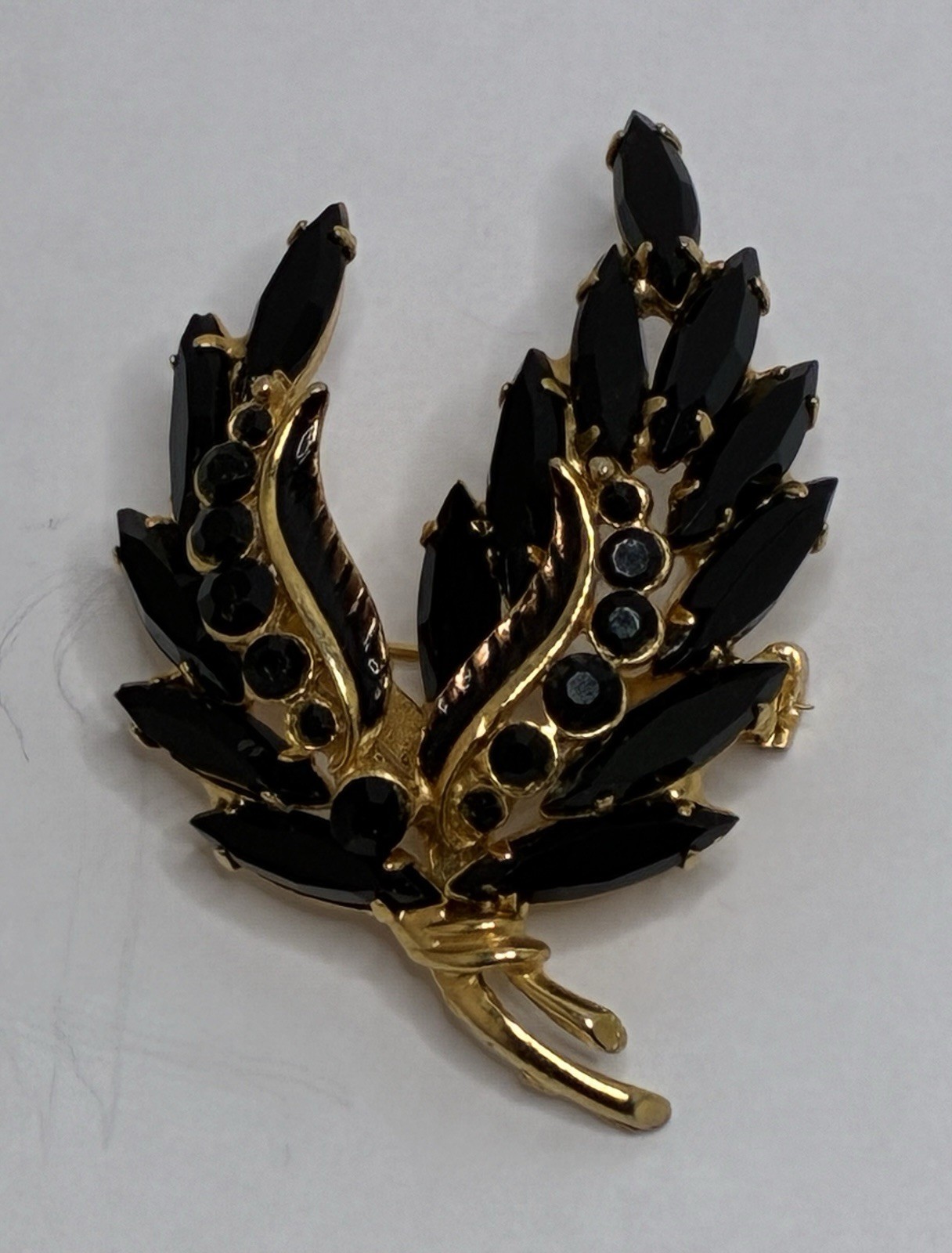 Black Ice Navette Rhinestone Flower Spray Gold Enamel 2” Brooch
