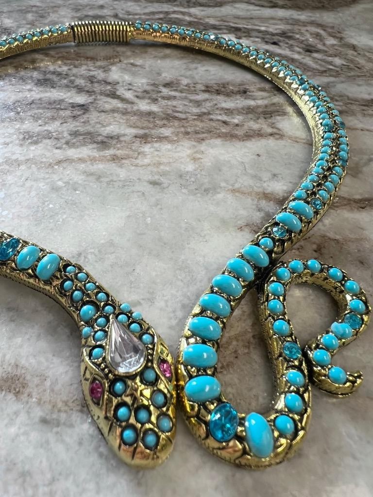 Blue Topaz Turquoise Rhinestone Snake Necklace Wrap Victorian Egyptian Rev. Faux