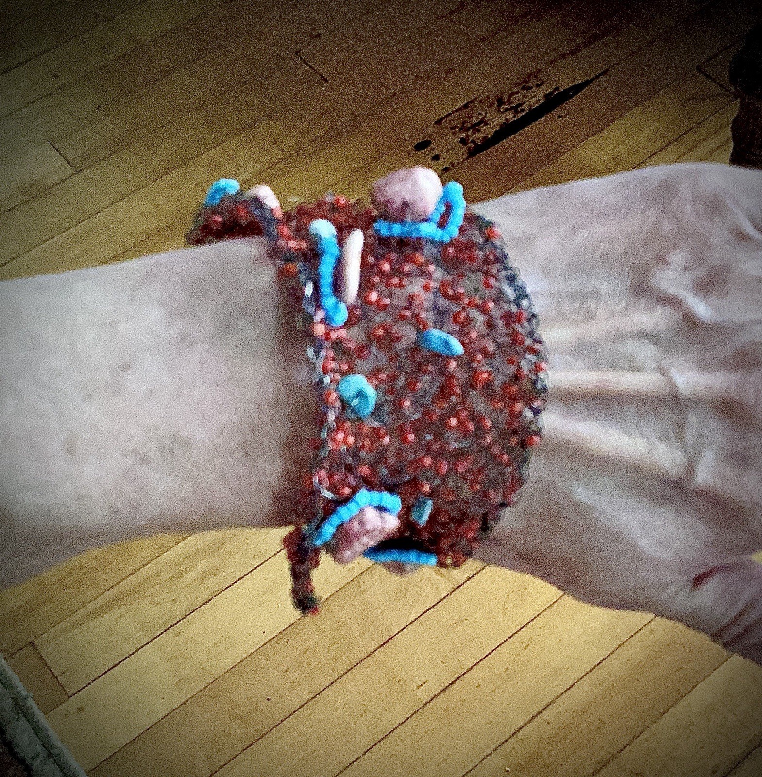 Handmade Knitted Wire, Bead, and Stone Bracelet Red and Aqua – One Of A Kind