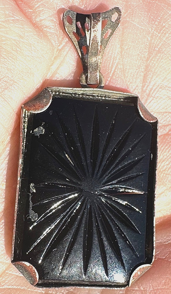 Antique Ornate Border with Black Onyx Mourning Pendant Etched Cross & Star Prism