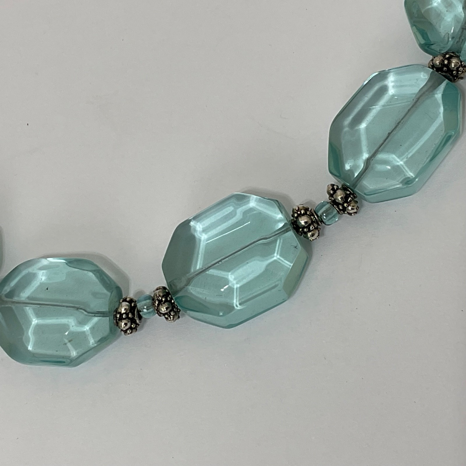 Vtg Aquamarine Glass Faceted Nuggets & Sterling Silver Beaded Necklace Adjusts