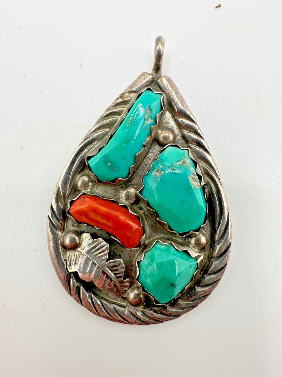 Vintage Cheama Zuni Sterling Silver Turquoise Red Coral Pendant 925 10.4 grams