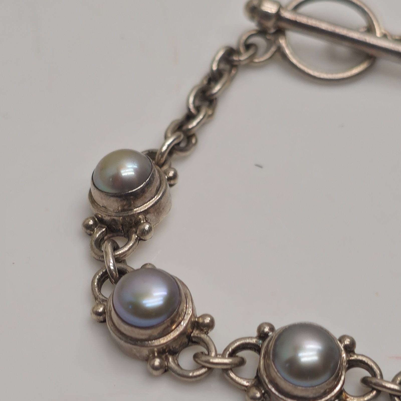 925 Sterling Silver Blue Stone Link Bracelet Toggle Clasp 6.25in 16.84g Vintage