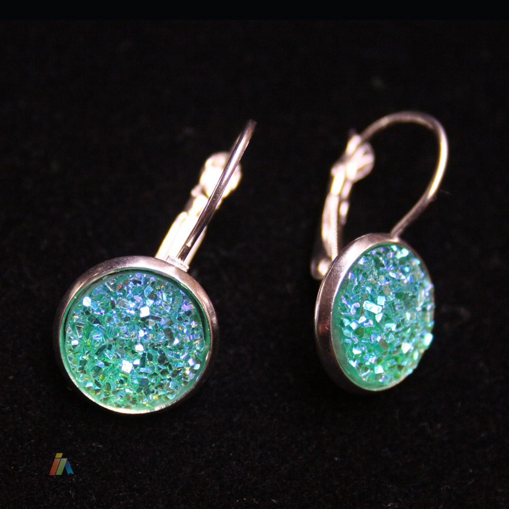 925 SILVER STAMPED EARRINGS & SPARKLY RESIN DRUZY CABOCHON 24X12mm LEVER BACK