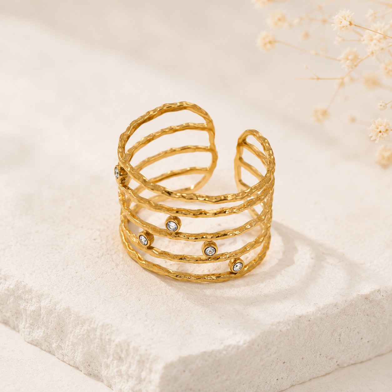 Gold Plated Stainless Steel CZ Open Cuff Ring Hammered Adjustable Jewelry