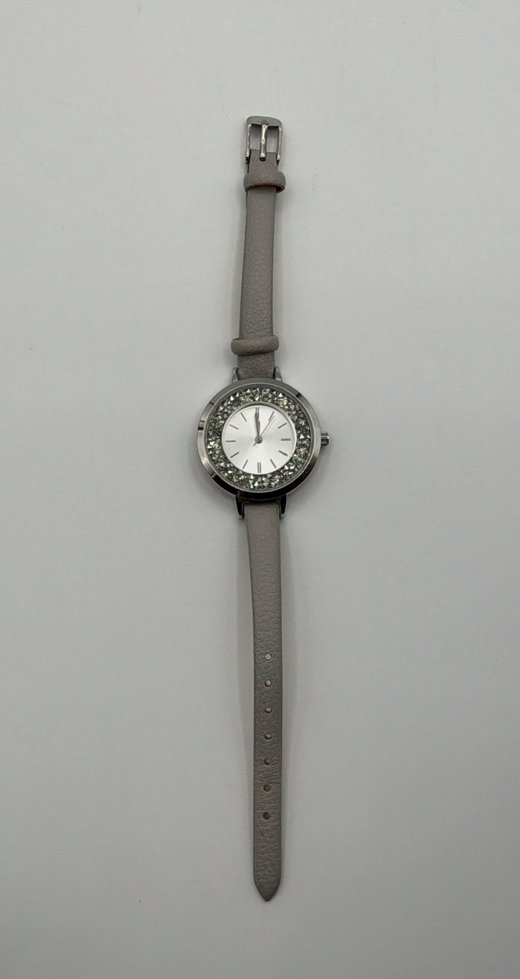 Accutime Watch Corp Silver Tone Women’s Wristwatch Gray Faux Leather New Battery
