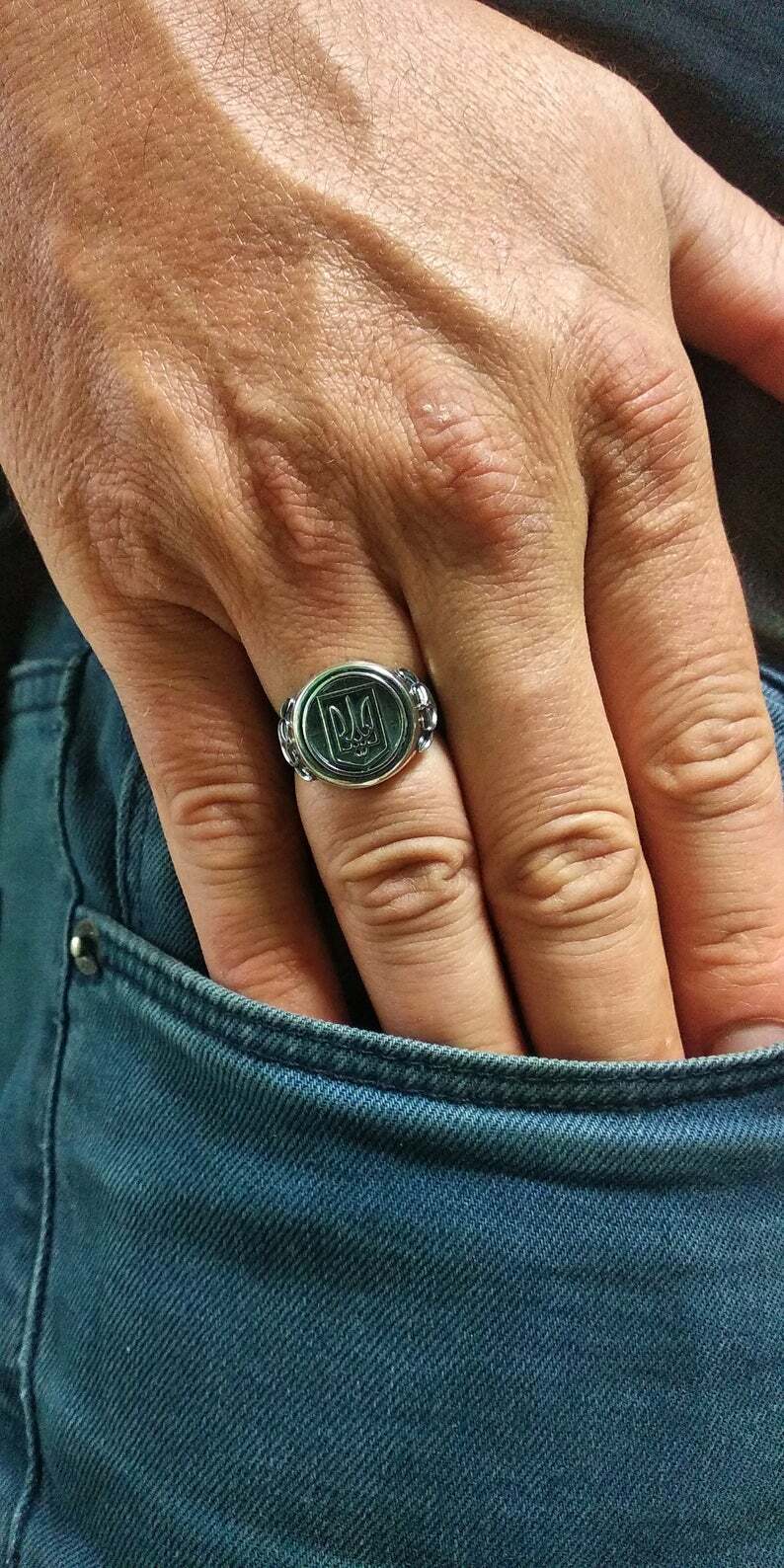 Ukrainian Trident Tryzub Sterling Silver Ring Signet, Size from 6 to 13US