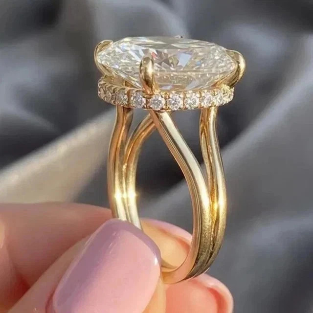 4CTW Oval Moissanite Hidden Halo Engagement Ring 925 Silver 14K Vermeil