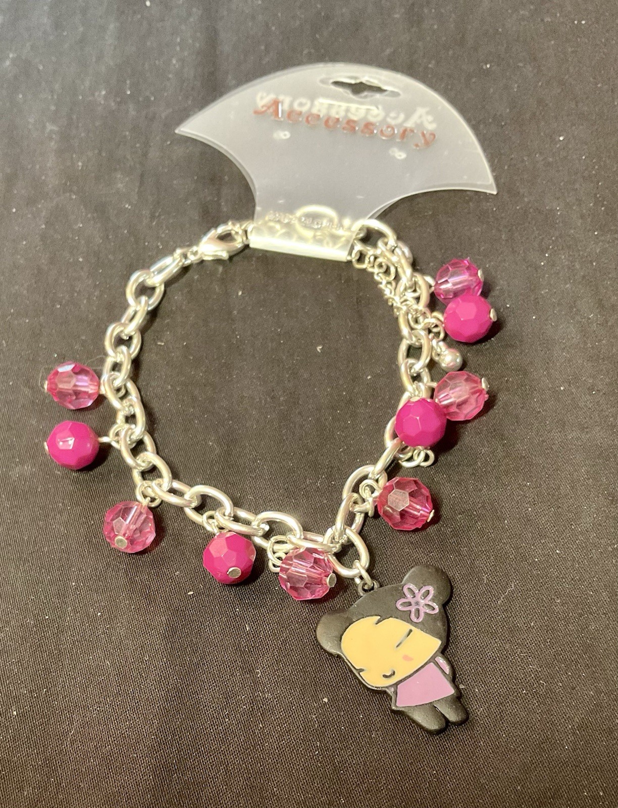 Pucca Anime Charm Bracelet Silver Tone Pink Faceted Beads Adjustable NEW Kawaii