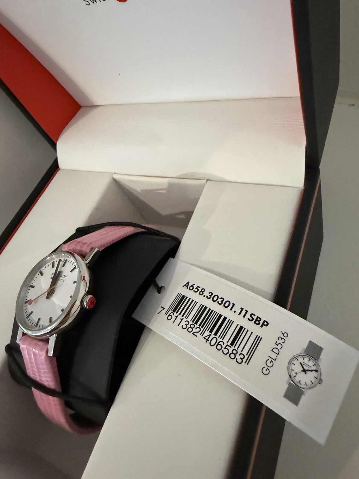 Mondaine Helvetica No1 38mm Quartz Watch White Dial Pink Leather. NEEDS BATTERY