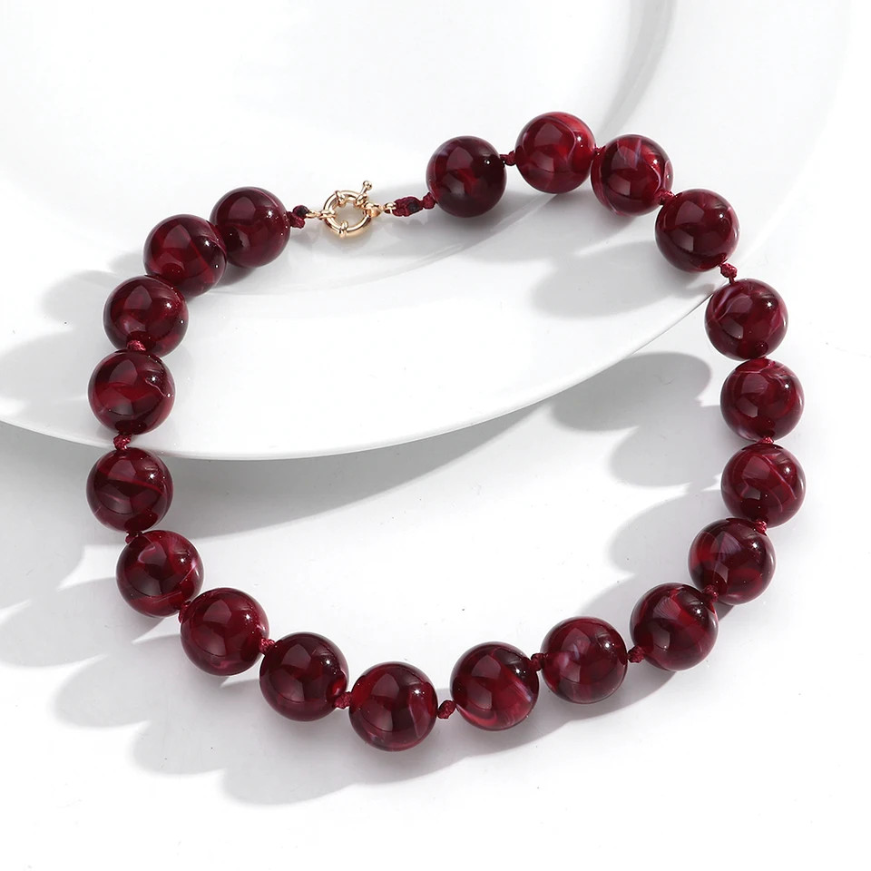 Handmade Resin Bead Choker Necklace Vintage Round Rope Chain Jewelry Women
