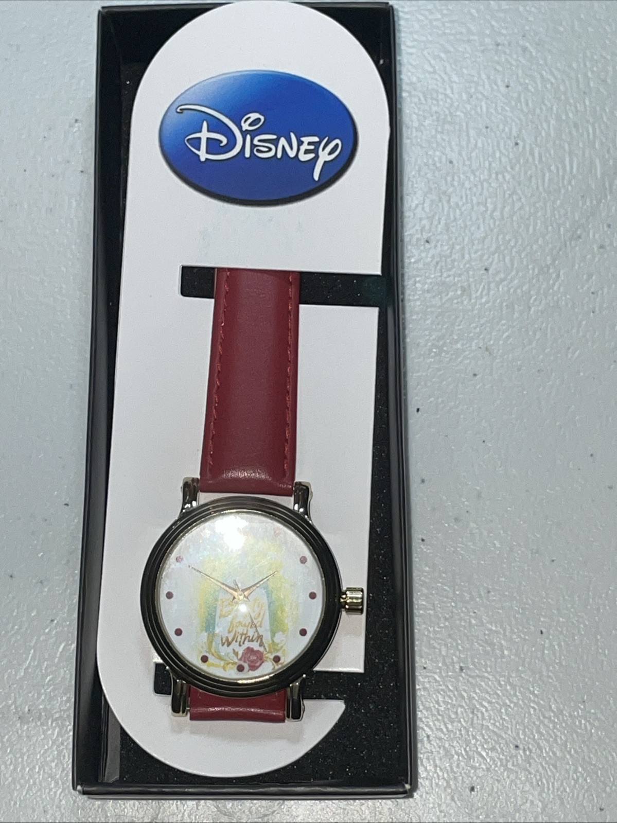 Disney Beauty & the Beast Watch Red Leather Gold tone New In Box (Box 1)