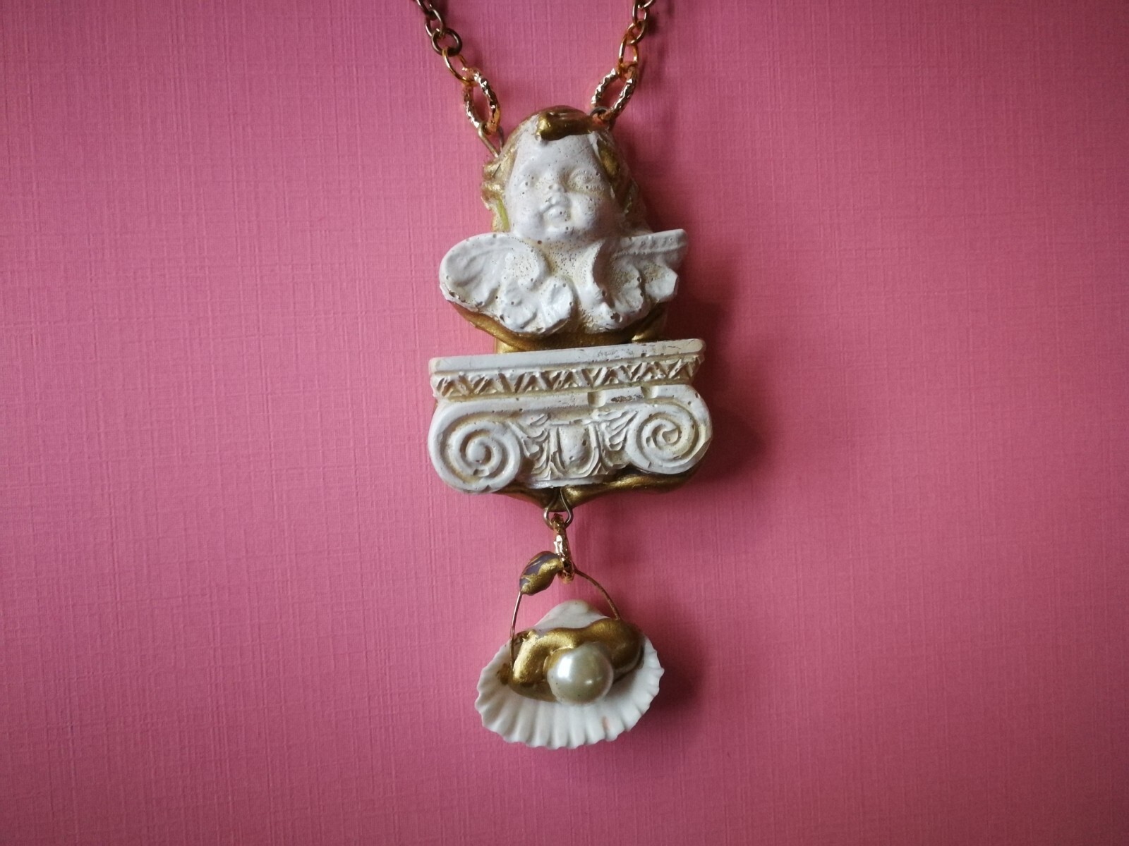Winged Angel Cherub Talisman Baroque Pendant Amulet Shell Charm Jewelry Necklace
