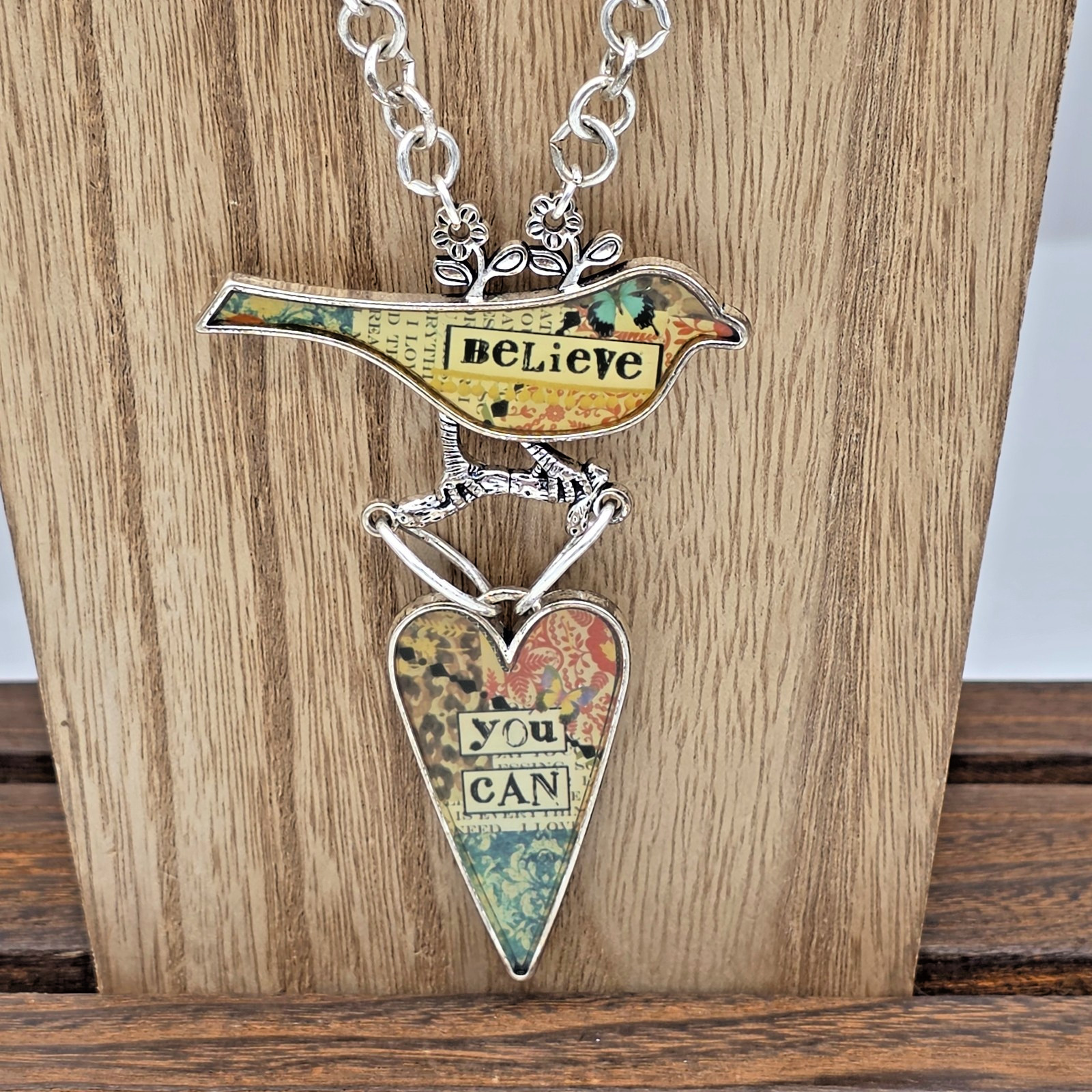 Plunder BELIEVE YOU CAN Silver Bird & Heart Pendant Mixed Media Necklace 30”