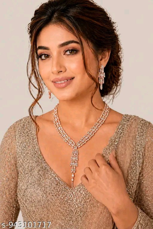 Indian Bollywood Designer Rose Gold Plated CZ Necklace Earring Jewellery Set