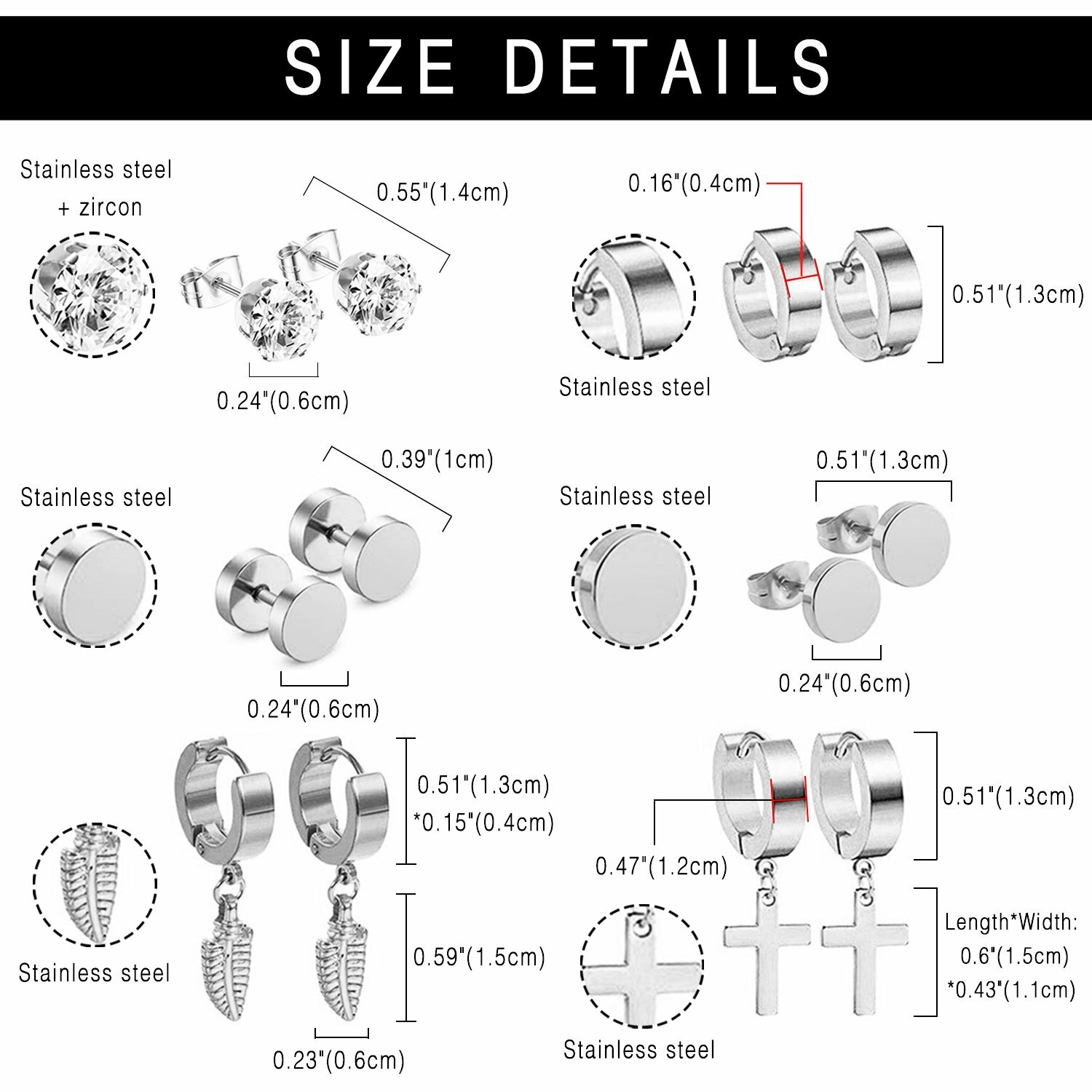 18 Pairs Stainless Steel Huggie Hoop Hinged Stud Earrings Cross Feather Dangle