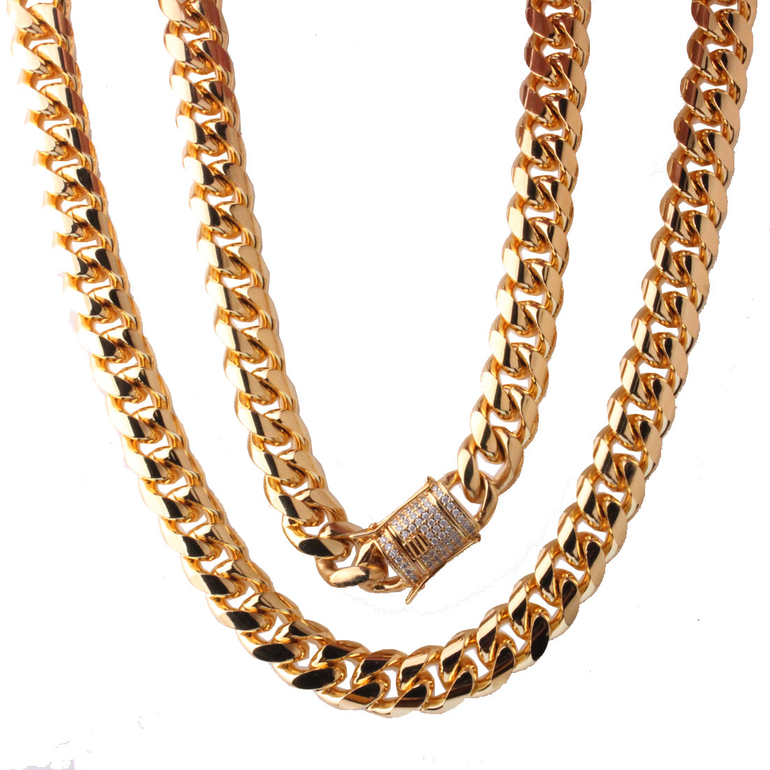 14 mm30in Men Cuban Miami Link Bracelet Chain Set 14k Gold Plated StainlessSteel