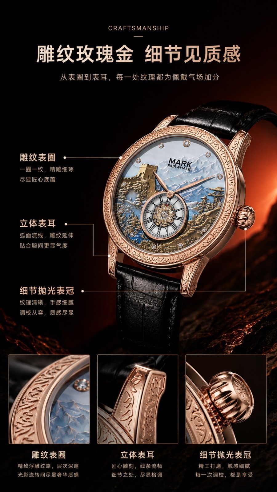 Mark Fairwhale Automatic Watch Men Great Wall Luxury Mechanical Luminous Leather