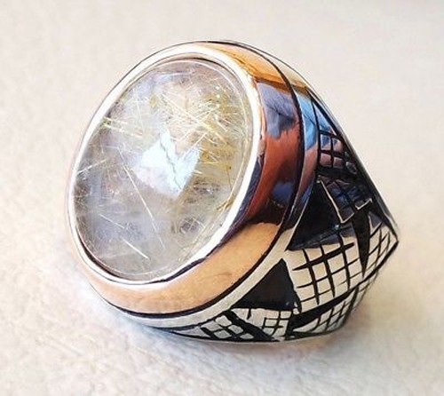 Solid 925 Sterling Silver Natural Rutilated Quartz Gemstone Men’s Unisex Ring