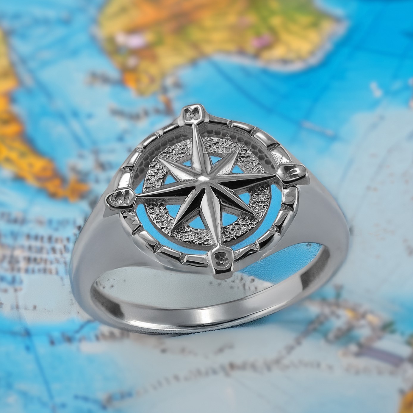 Sterling Silver Compass Ring for Women Polished North Star Compass Rose Signet