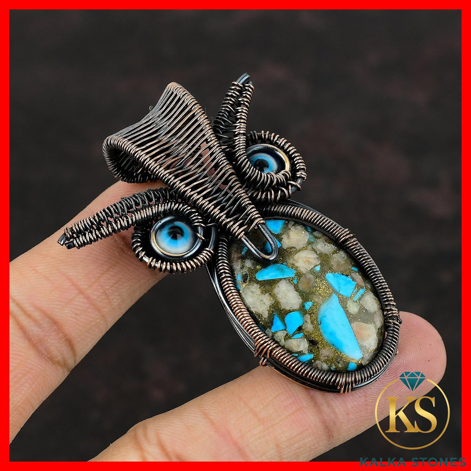 Pink Opal Copper Turquoise Gemstone Blue Color Evil Eye Pendant Jewelry Copper