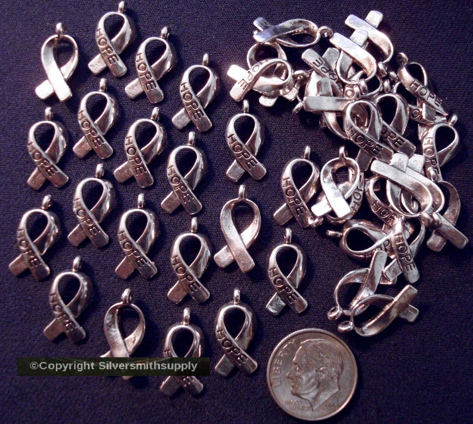 50 Cancer awareness hope ribbon charms ant. silver plated zinc findings CFP071