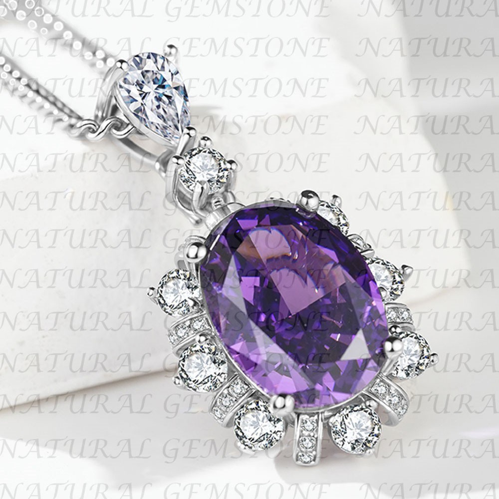 6.80Carat Oval Shape Natural Amethyst and Diamond Pendant 18K White Gold Plated