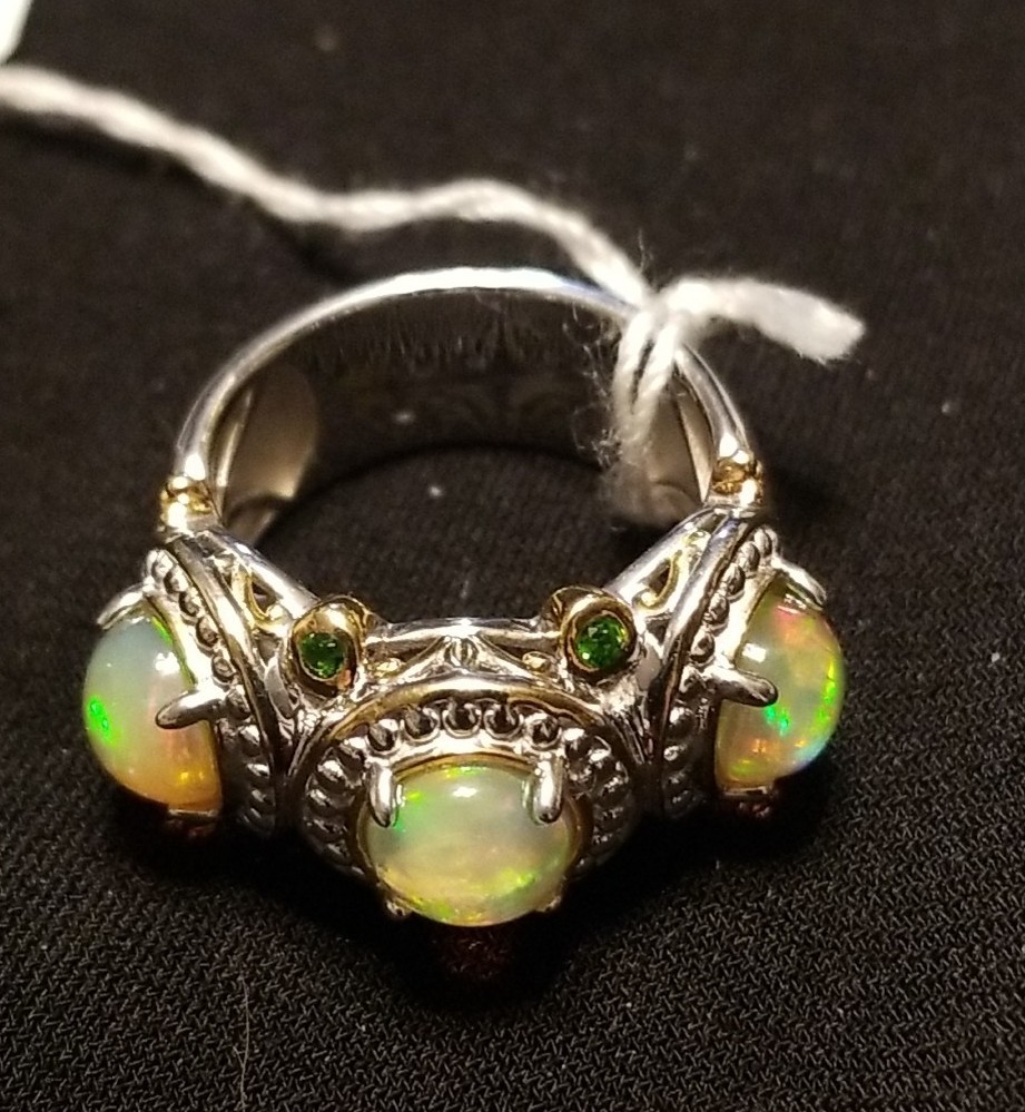 “NEW” Gems En Vogue Opal Ring, 3 Stone Ethiopian Opal Ring, Sterling 925 Size 5